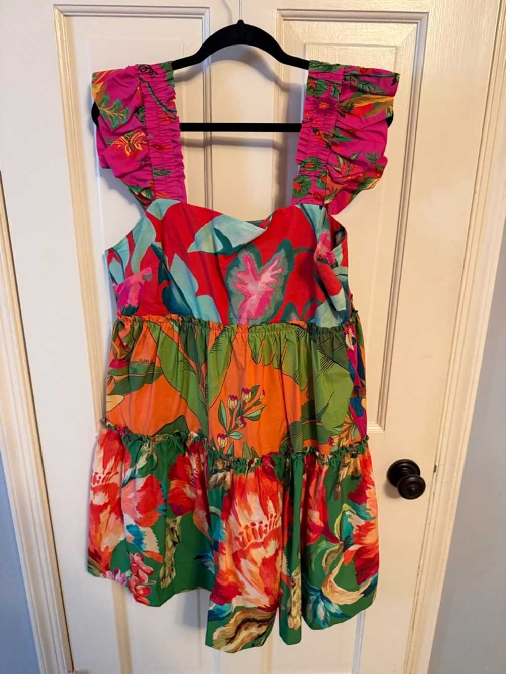 Farm Rio Vibrant Tropical Floral Tiered Summer Dress - Pink, Red, Green, Orange.